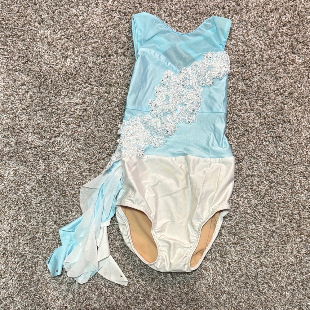 Children's Light Blue and White Dance Costume with Lace Appliqué